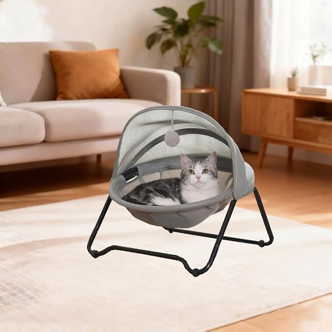 Cat Bed Cat Hammock Bed Elevated cat Bed, Comfortable and Breathable Pet Bed with Awning and Plush Toy, No-Tools Assemble, Cover Removable and Washable, Suitable for Indoor and Outdoor Use