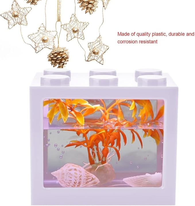 Mini USB LED Aquarium Fish Bowl Plastic Tank with White Light for Desk Tabletop Decor Energy-Saving Office Accent(White)