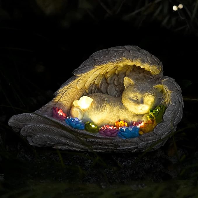 Cat Memorial Stone,Solar Angel Cat Statue Figurine - Pet Memorial Stone for Garden or Tombstone Commemoration (cat)
