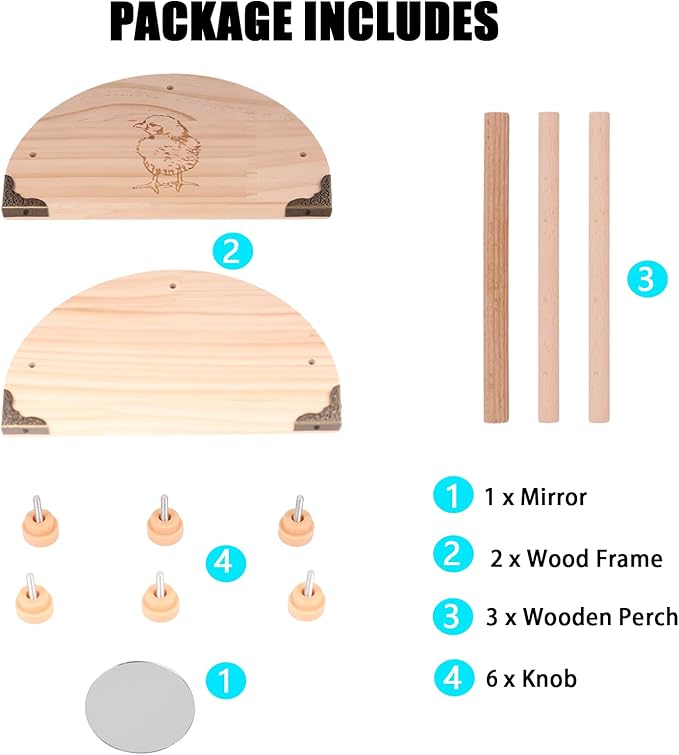 Pine Chicken Perch with Mirror and Metal Corners, Strong Solid Mini Small Chick Jungle Gym Roosting Bar, Chicken Toys for Coop and Brooder, Training Perch Toys for Large Bird, Parrot, Macaw, Hens