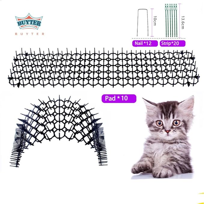 BUYTER 10 Pack 19.5 * 5.5 Inch Square Cat Scat Mats with Spikes, Cat Repellent Pads Fence Animal Barrier,Included 12 Pack Staples and 20 Pack Zip Ties (19.5''*5.5'')