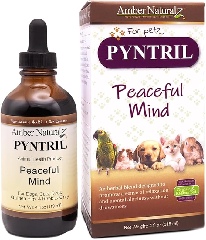 AMBER NATURALZ Pyntril Peaceful Mind Herbal Supplement for Dogs, Cats, Birds, Guinea Pigs, and Rabbits | Herbal Pet Supplement for Relaxation | 4 Fluid Ounce Glass Bottle | Manufactured in The USA
