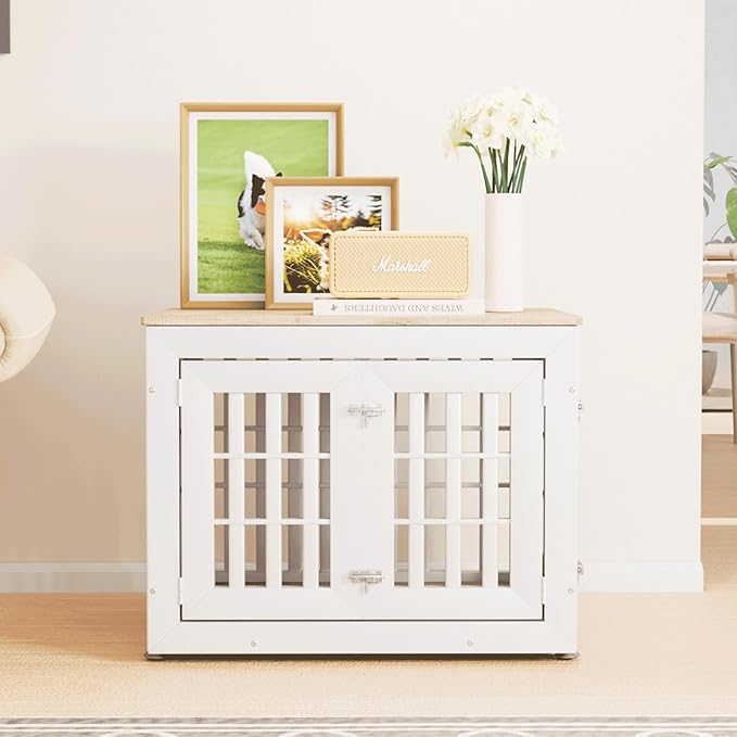 32" Heavy Duty Dog Crate Furniture for Small,Medium and Large Dogs,Rustic Wooden Dog Cage Kennel Indoor Furniture with Waterproof Top,Decorative Pet House Side End Table (White & Wood)