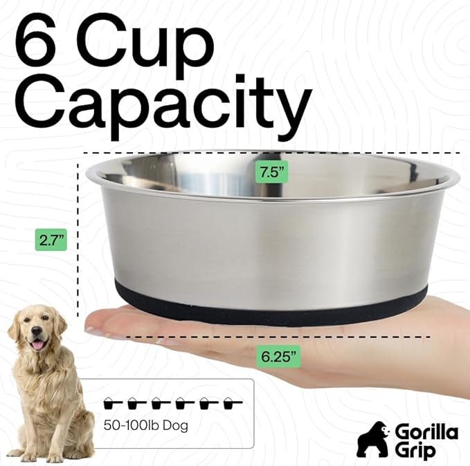 GORILLA GRIP Dog Bowls, Heavy Duty 304 Stainless Steel, Holds 6 Cups Each (48 fl oz) Food and Water Bowl for Feeding Dogs and Cats, Dishwasher Safe, Rust Resistant, BPA Free Rubber Base Set of 2 Black