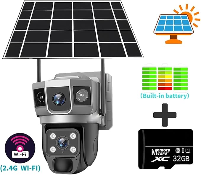 for Outdoor Camera Battery CCTV Monitor 4G SIM Card Network IP Security Pet Camera Motion Detection 3 Screen PTZ Camera(WiFi CCTV 32G Card)