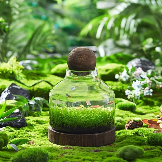 Glass Aquarium, Miniature Landscape Terrarium Glass Fish Tank with Wooden Base, Modern Betta Fish Tank, Small Aquarium for Home and Office Decoration,XXL