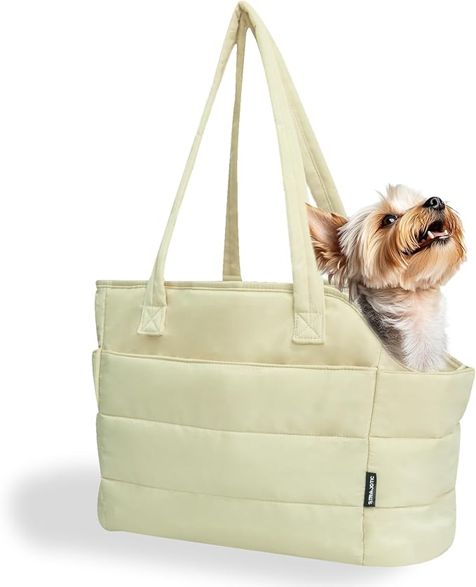 Lightweight Dog Purse Carrier for Small Dogs Under 15 lbs, Puffy Quilted Pet Carrier Tote for Puppies with Safety Leash Clip, Women's Hands-Free Dog Carrier Bag for Travel/Shopping (Beige)