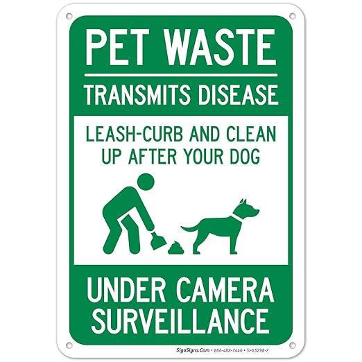 Pet Waste Leash-Curb and Clean Up After Your Dog Under Camera Surveillance Sign, 10x7 Inches, 55 mil Thick HDPS (high Density polystyrene), Made in USA