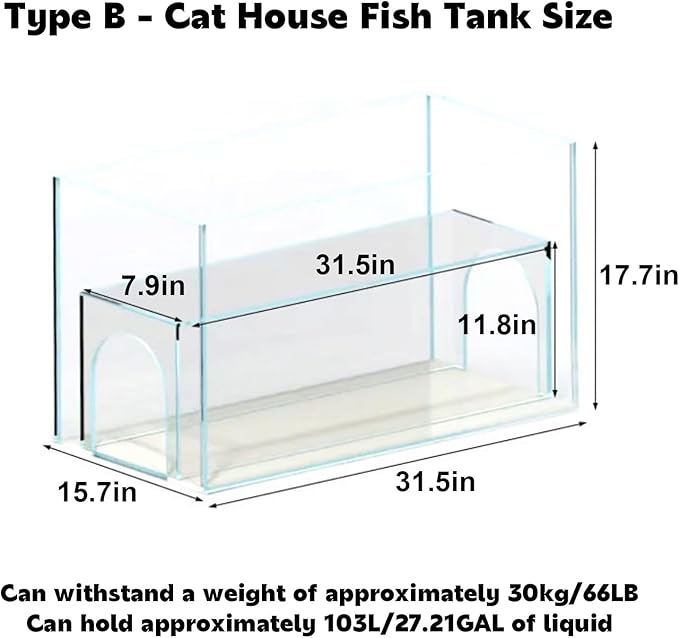 20 Gallon Cat Bed Aquarium Fish Tank - Immersive Viewing Glass Cat Cave, Cat Entertainment Equipment with Tunnel for Indoor Cats, Turtle & Betta（31.5x15.7x17.7in） B 31.5x15.7x17.7in