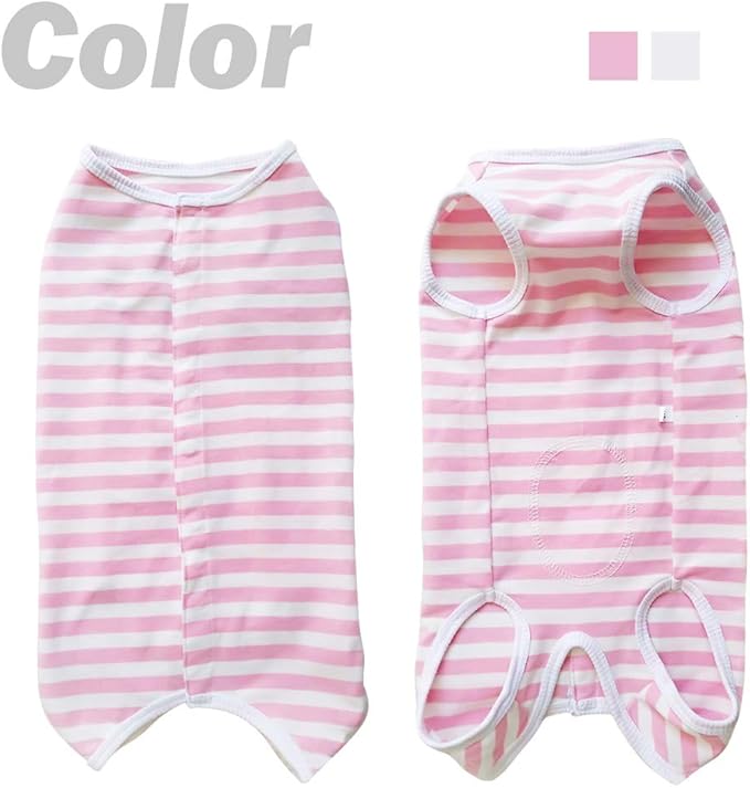 Dog’s Recovery Suit Post Surgery Shirt for Puppy, Wound Protective Clothes for Little Animals(Pink White Stripe-XXS)