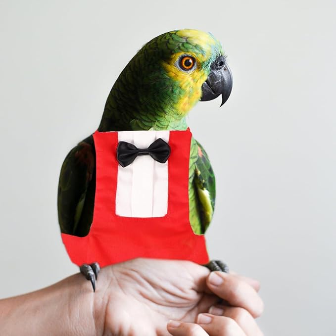 HANABASS 2Pcs Bird Diaper Parrot Suit Diapers, Cotton Pet Bird Clothes Pee Pads, Bird Harness Reusable, Macaw Parakeet Flight Suit for Birds, Cockatiel, Budgie, Red Black