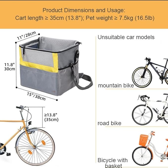 Front Bike Basket for Dogs, Pet Bike Carrier, Small Dog Bicycle Seat with Safety Leash & Pockets, 15"x11"x12", Up to 16.5 Lb