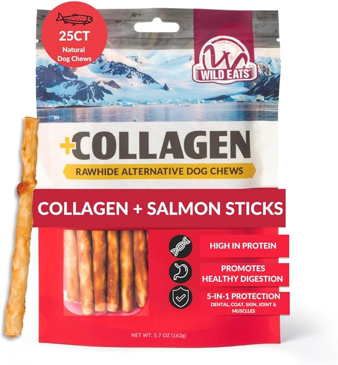Wild Eats Collagen Real Salmon Sticks for Dogs 25ct - Long Lasting Dog Chews No Hide Dog Treat Bully Stick Alternative, Rawhide Free, Grain Free, High Protein