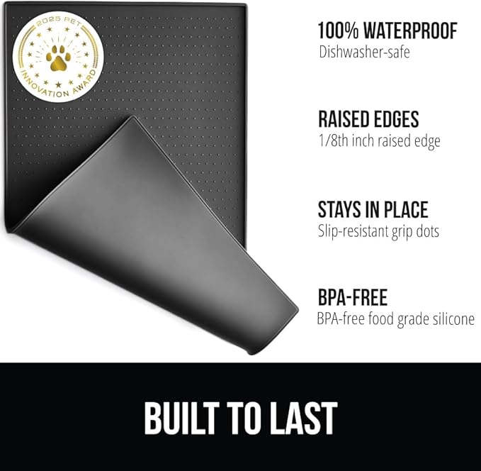 GORILLA GRIP 100% Waterproof Raised Edge BPA Free Silicone Pet Feeding Mat, Dog Cat Food Mats Contain Spills Protects Floors, Placemats for Cats and Dogs Water Bowl, Pets Accessories 28x18 Charcoal
