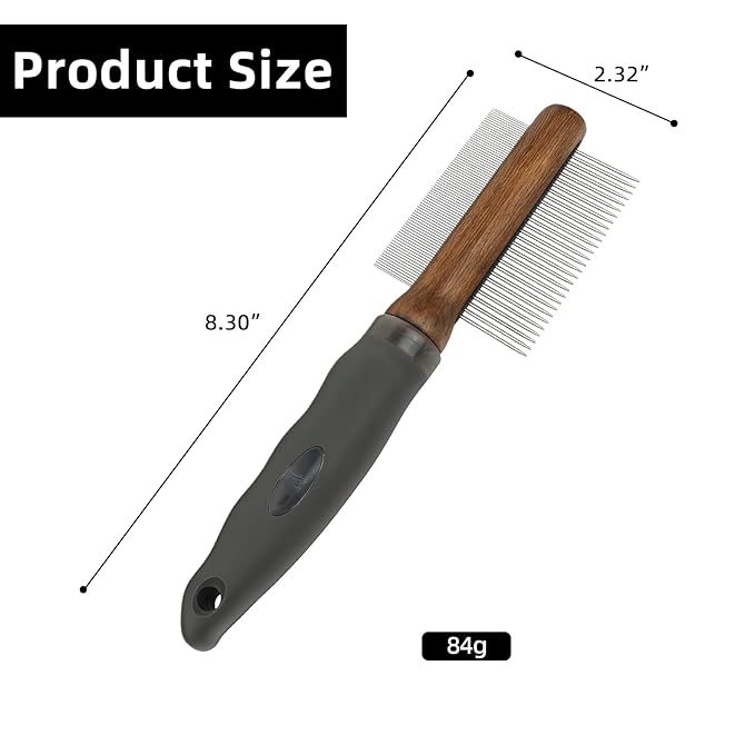 HOP Double-sided Grooming Comb,Dematting Comb for Long Hair and Sick Hair Dog&Cat, Stainless Steel Teeth with Wooden Handle,Loose Fur Removal and Remove Tangles and Knots