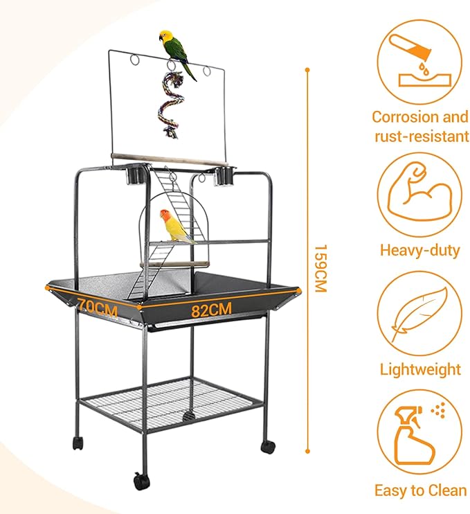 Small Parrot Playstand with Wheels, 62 Inch Bird Playstand, Bird Stand Activity Play Center with Perches and Ladders, Indoor Outdoor Playground for Birds with Swing Black Hammertone Finish