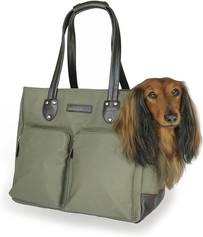 DJANGO Waxed Canvas & Leather Dog Carrier Tote Bag – Premium Soft-Sided Travel Dog Purse with Safety Leash, WR Lining, & Large Zipper Pockets – Everyday Pet Carrier for Small Dogs (Olive, Medium)