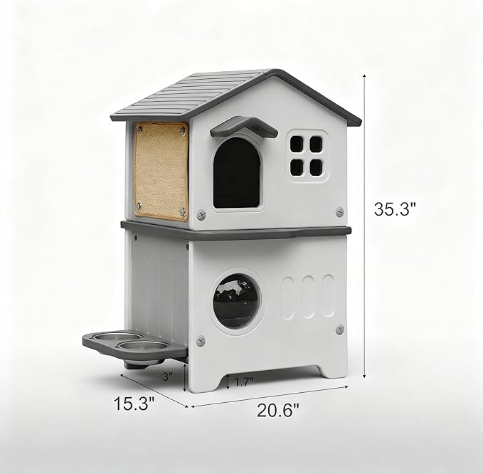 Outdoor Cat House with Insulated Liner, Weatherproof for Feral Multi Cat, 2 Story Plastic Elevated Cat Shelter with Escape Door, Scratching Post, Stainless Steel Bowl, Grey 35" D x 15" W x 20" H