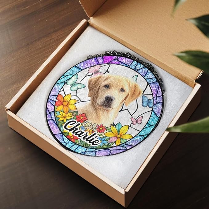 Lovely POD Custom Dog Portrait Stained Glass Suncatcher, Pet Memorial Stained Glass Photo Suncatcher, Dog Memorial Gift, Cat Loss, Pet Loss Gift, Christmas Ornament for Family