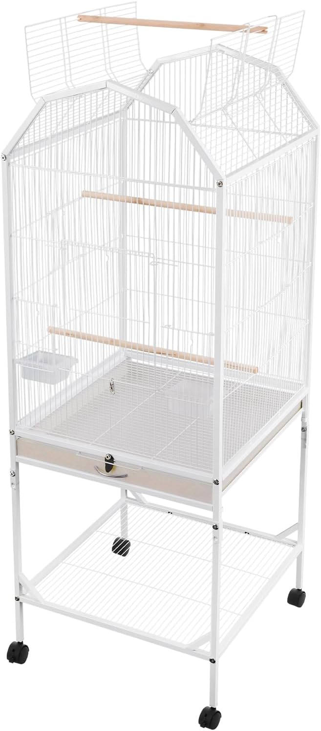 Large 46" Rolling Bird Cage for Mid-Sized Parrots with Detachable Stand, 4 Universal Wheels & Removable Tray, Iron Birdcage for Cockatiels, Parakeets, Finches (White)