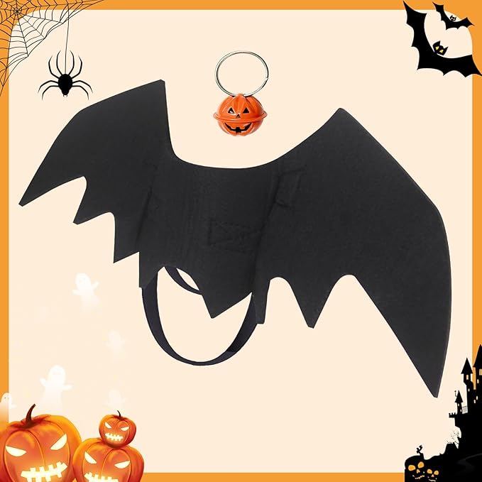 Cat Halloween Costume, Cat Costumes, Small Dog Halloween Costumes - Bat Wing with Pumpkin Bell for Pet Halloween Cosplay Party Dress Up Accessories (Medium)