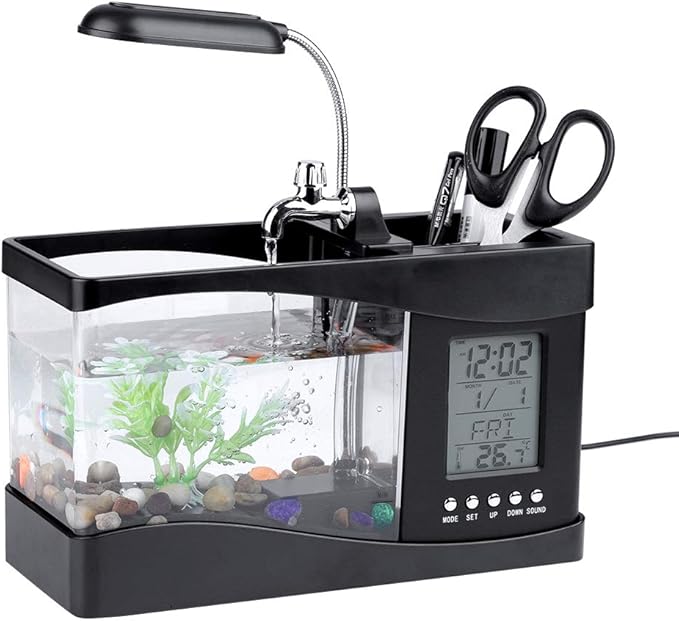 Multifunctional Mini Fish Tank, Desktop Aquarium with USB Rechargeable LED Lights, Clock Function, Black Plastic Fish Tank