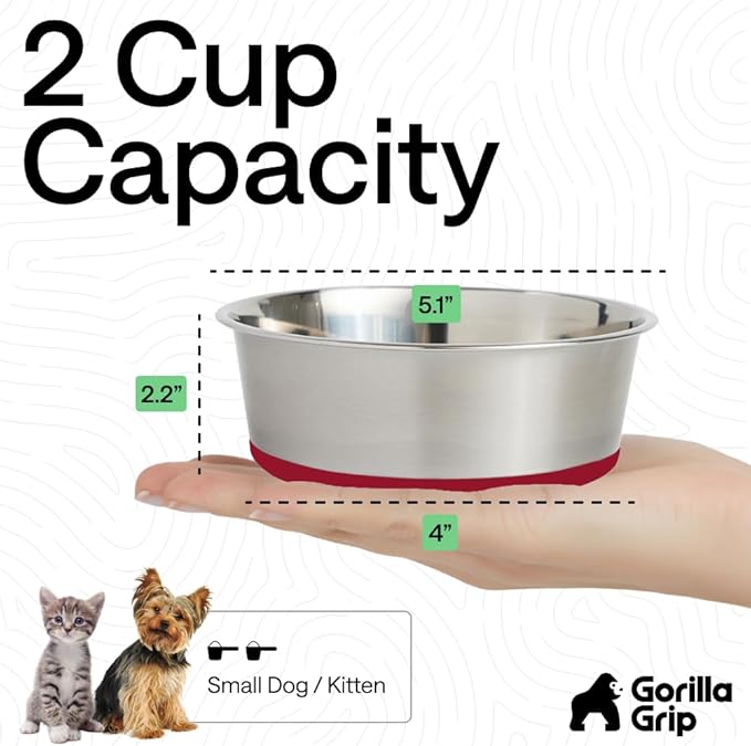 GORILLA GRIP Dog Bowls, Holds 2 Cups Each (16 fl oz), Heavy Duty Stainless Steel Food and Water Bowl for Feeding Dogs and Cats, Dishwasher Safe, Rust Resistant, BPA Free Rubber Base, Set of 2 Red