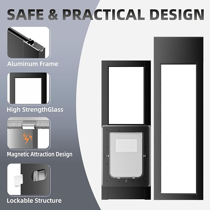 Dog Door for Sliding Glass Door with Magnetic Plastic Flat, Sliding Door Pet Doggie Door Insert with Lock, Adjustable Height No-Cut Required Doggy Door Access Renters, Apartments, Patio (Black, M)