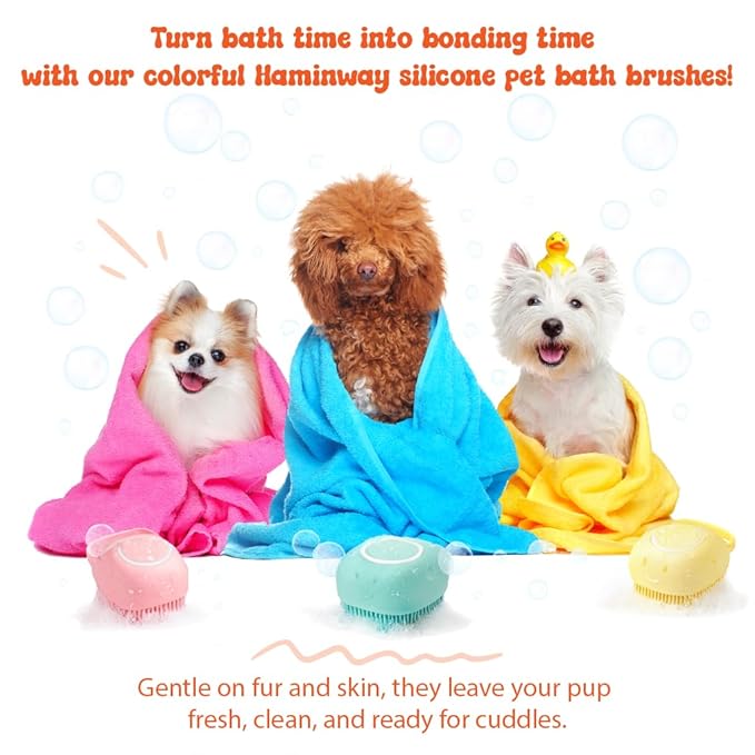 HamInWay Dog Bath Brush, 2-in-1 Dog Grooming Brush with Built-in Shampoo Dispenser, Gentle Silicone Bristles for Bath & Massage, Non-Slip Handle, Easy Clean Design for Dogs, Cats & Small Pets, Blue