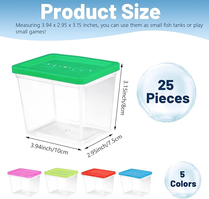 25 Pack Plastic Fish Bowl with Lids, 12 Oz Small Rectangle Gold Fish Tank, Fishbowl Candy Bowl, Tarantula Enclosure Snake Breeding Case, Mini Fish Box for Pets