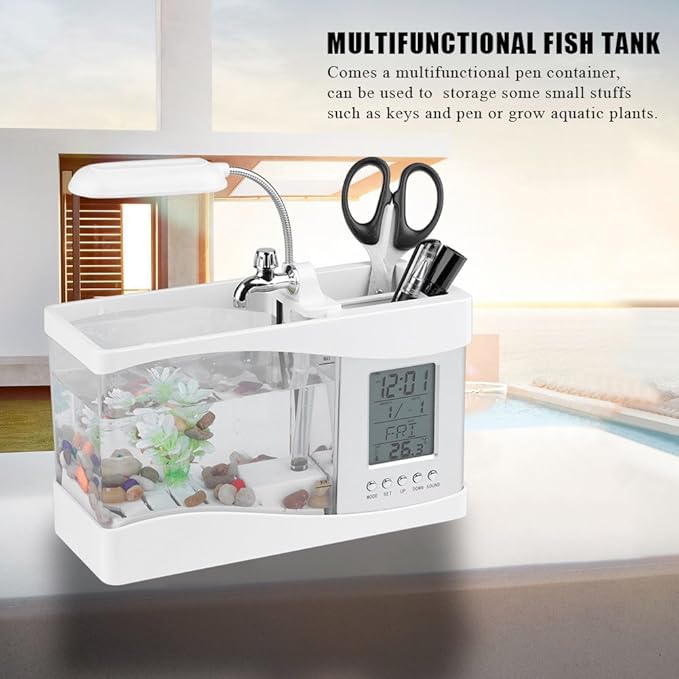 Multifunctional Mini Fish Tank, Desktop Fish Tank Aquarium USB Rechargeable Mini Fish Tank Aquarium Mini Fish Bowl with Clock Function LED Light (White)