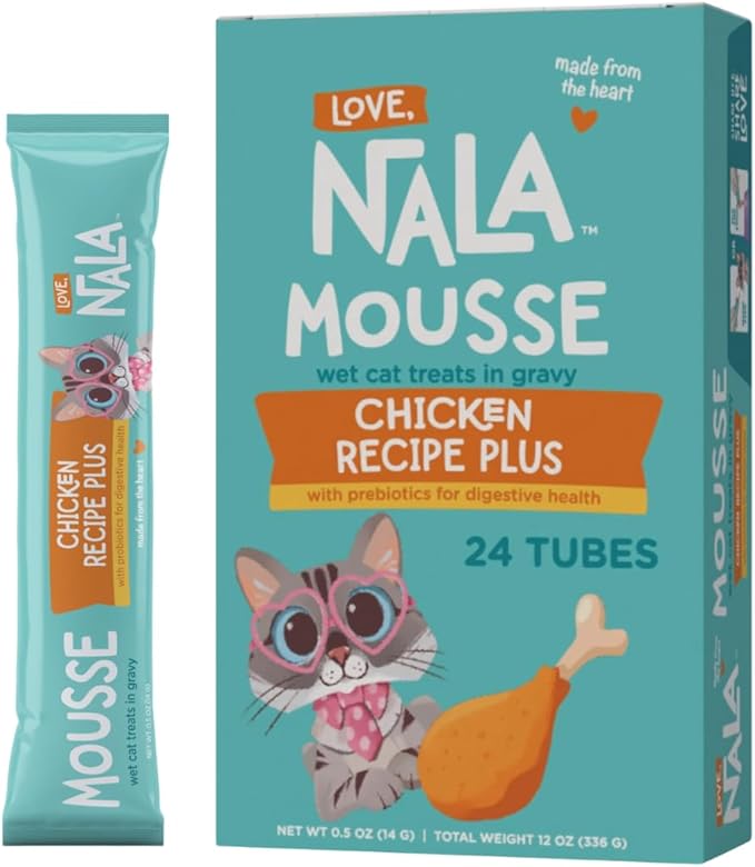 LOVE, NALA Digestive Health Chicken + Prebiotic Mousse Cat Treats – Lickable Squeeze-Up Puree, Topper or Treat – Grain-Free, 24 Pack – Human-Grade Protein, Non-GMO, No Artificial Additives