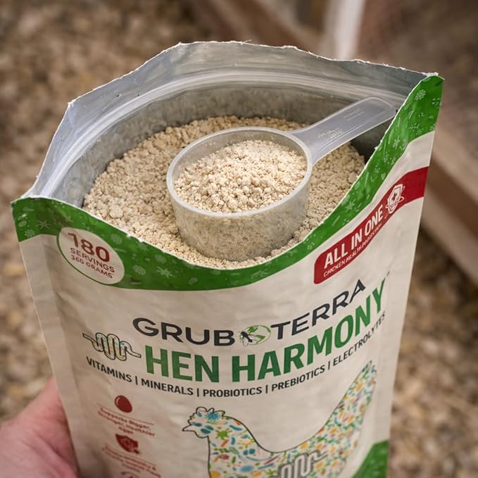GrubTerra Hen Harmony – All-in-One Chicken Electrolytes for Water with Probiotics & Prebiotics, Daily Gut Supplement and Vitamins Supporting Hydration, Digestion, Egg Production – 180 Servings