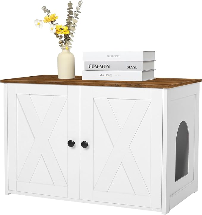 Dwanton Litter Box Enclosure, Cat Litter Box Furniture Hidden, Reversible Entrance Can Be on Left or Right Side, Wooden Cat Washroom Indoor, White and Warm Brown, 27.6 Inches