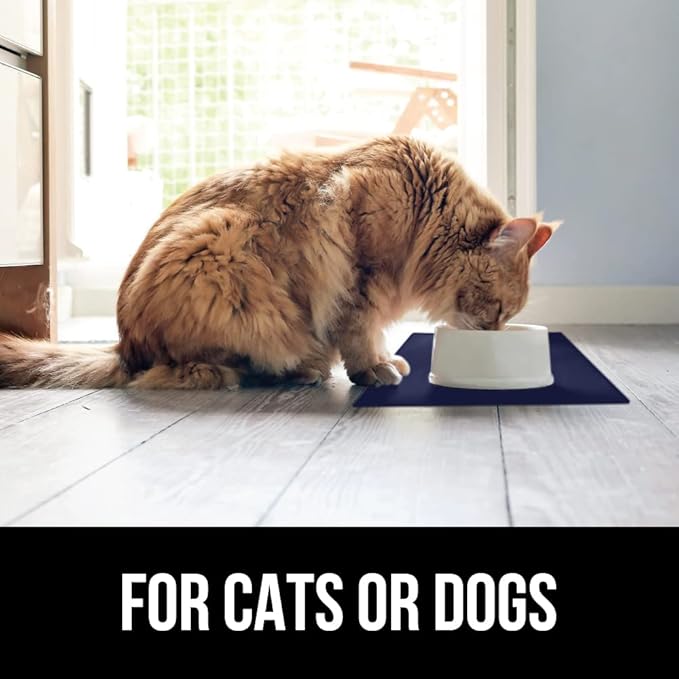 GORILLA GRIP 100% Waterproof Raised Edge BPA Free Silicone Pet Feeding Mat, Dog Cat Food Mats Contain Spills Protects Floors, Placemats for Cats and Dogs Water Bowl, Pets Accessories 16x10, Navy