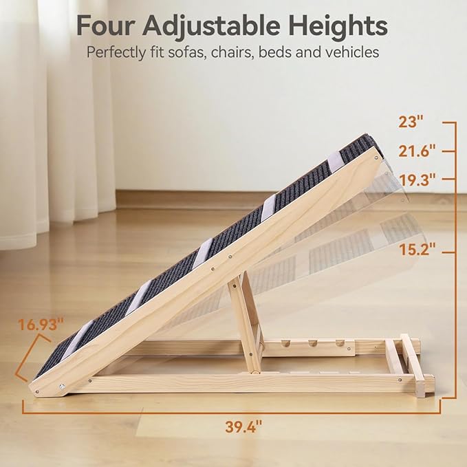 Dog Ramp for Bed, 39.4"L 16.9'' Extra Wide Wooden Dog Ramp for Couch with 4 Adjustable Heights from 15"to 23", Non-Slip Walkway & Bottom, Foldable Pet Ramp for Sofa, Bed, Car, Supports Up to 200 Lbs