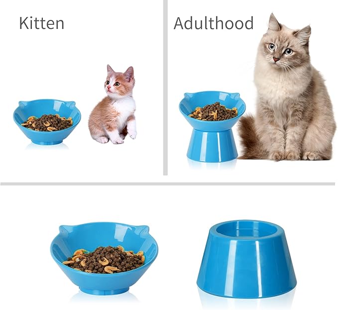 Detachable Elevated Cat Bowls, 15° Tilted Raised Cat Food Bowl Anti-Vomiting,Whisker Friendly, Adjustable Large Cat Dishes Extra Wide for Protecting Spine, Adult Kitten (Blue)