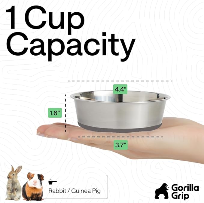 GORILLA GRIP Dog Bowls, Holds 1 Cup Each (8 fl oz), Heavy Duty Stainless Steel Food and Water Bowl for Feeding Dogs and Cats, Dishwasher Safe, Rust Resistant Metal, BPA Free Rubber Base, Set of 2 Gray