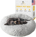 Calming Round Donut Dog Bed Pillow, Washable, Anti Anxiety, Anti-Slip, Cozy Soft Cuddler Comfort Bed with Fluffy Plush Faux Fur for Large Medium Small Sized Dog - Gray, M 31 inch