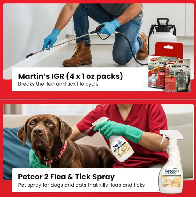 All-in-One Flea & Tick Control Kit – Indoor/Outdoor Program with Flex 10-10, Novacide, Martin’s IGR, InTice 10, CimeXa dust, Petcor 2, Plus Bait Stations, Sprayer & Gloves.