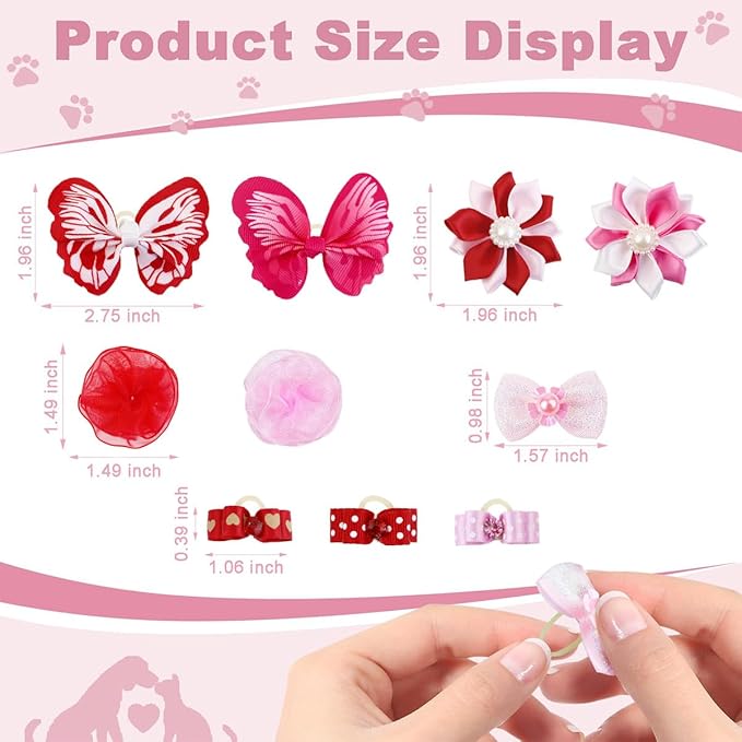 22 Pieces Cute Dog Hair Bows with Elastic Rubber Bands, Small Puppy Hair Accessories with Butterfly Flower Pearls Double Bow for Pets Dogs Cats Hair Grooming for Valentine's Day New Year(Red and Pink)