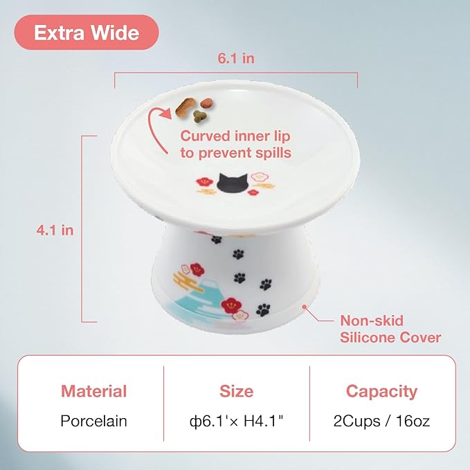 Necoichi Raised Cat Food Bowl – Ceramic Elevated Cat Bowl for Whisker & Neck Fatigue, Dishwasher Microwave Safe – Non-Slip & Anti Vomiting Ergonomic Design (Fuji, Extra Wide, 2-Cups Capacity).