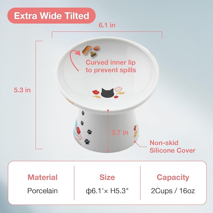Necoichi Raised Cat Food Bowl – Ceramic Elevated 15° Tilted cat Bowl for Whisker & Neck Fatigue, Dishwasher & Microwave Safe, Non-Slip Anti-Vomiting Design (Fuji, Extra Wide Tilted, 1.5-Cups Capacity)