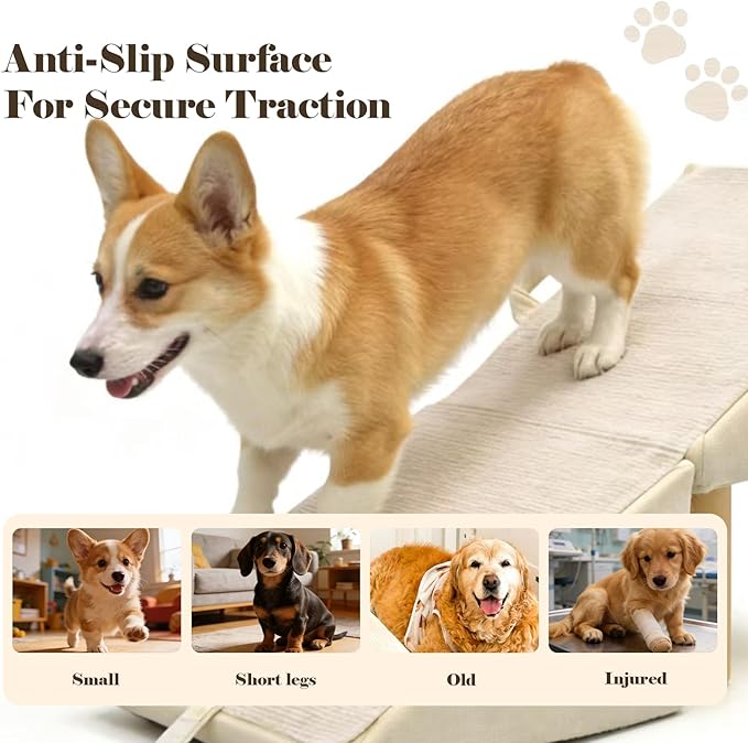 Split Ottoman Dog Ramp for Couch and Low Bed, 2-in-1 Foldable Dog Stairs for Small Dogs and Cats, Wooden Pet Ramp with Non-Slip Surface, Portable Step Stool Design, Off White