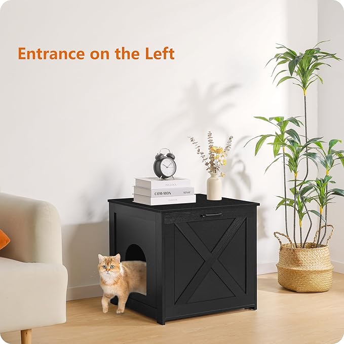 Dwanton Cat Litter Box Furniture Hidden, Cat Litter Box Enclosure, Reversible Entrance Can Be on Left or Right Side, Indoor Cabinet, Wooden Washroom, End Table, Nightstand, Black, 23.6" L