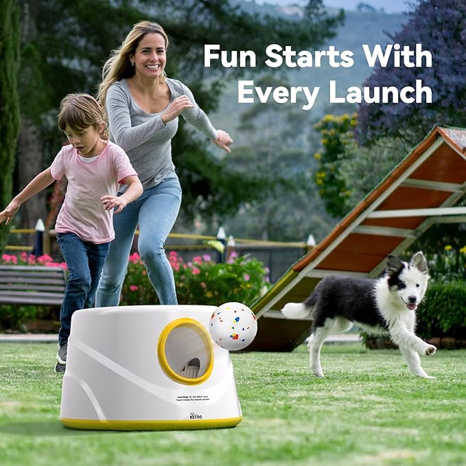 HETOO Automatic Ball Launcher for Dogs: Ball Launcher for Dogs - Automatic Tennis Ball Thrower for Dogs, with 6 Balls- Interactive Dog Toys - Small/Medium Sized Launcher- Yellow
