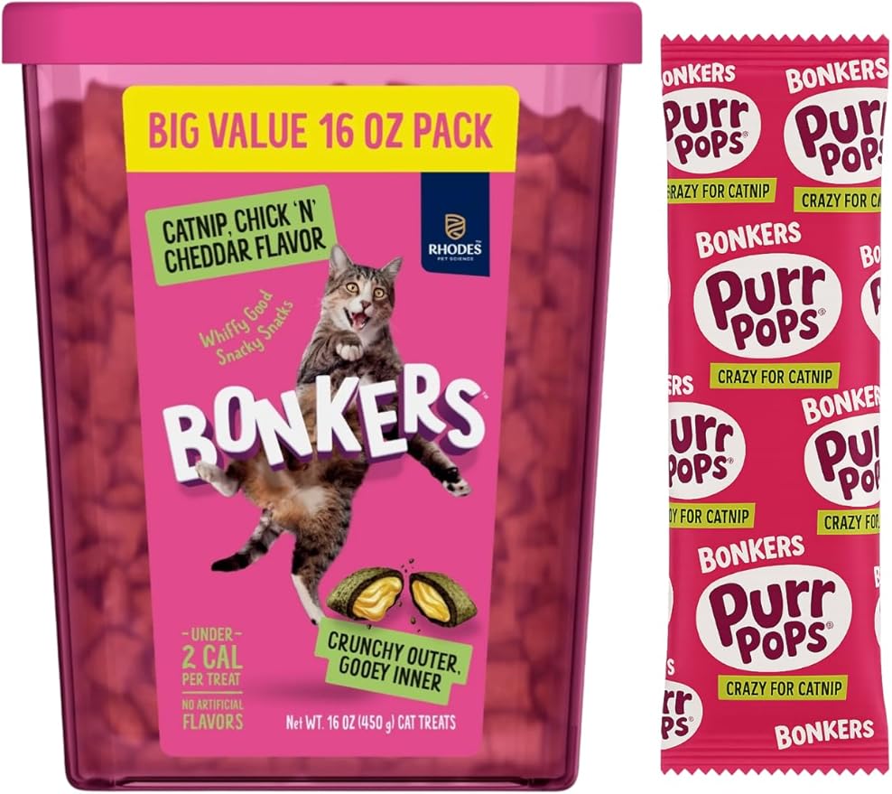 Bonkers Cat Treats, Catnip & Chicken Cheddar Flavor, Crunchy & Gooey, 16 oz Value Pack with Free Catnip Purrpop Sample
