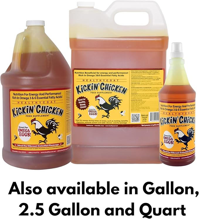 HealthyCoat Kickin’ Chicken Feed Supplement - Pint – All-Natural Omega 3 & 6 Liquid for Poultry – Supports Plumage, Molting Recovery, Egg Production, Skin Health & Immune System – Fortified w/Biotin