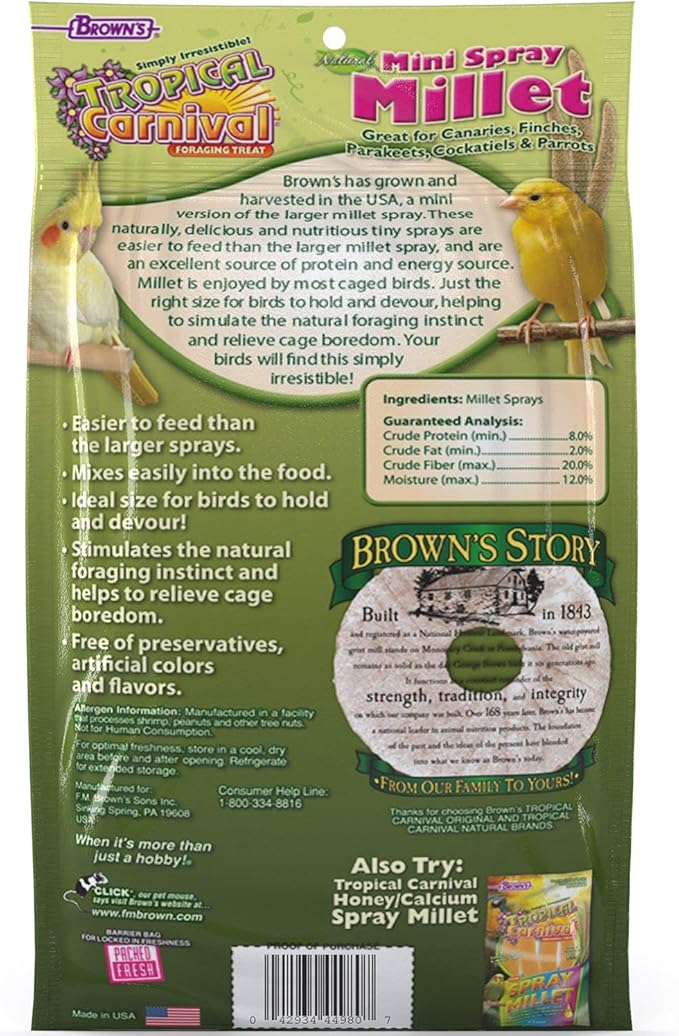 F.M. Brown's Tropical Carnival Natural Mini Spray Millet Foraging Treat for Canaries, Finches, Parakeets, Cockatiels, and Parrots, 4-oz Bag - USA Grown and Harvested