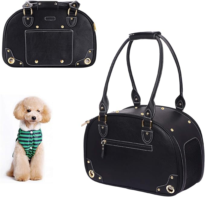 PetsHome Dog Carrier Purse, Pet Carrier, Foldable Waterproof Premium PU Leather Pet Travel Portable Bag Carrier for Cat and Small Dog Home & Outdoor Small Black